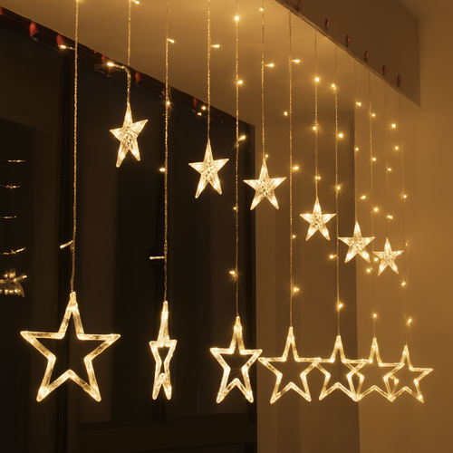 Star Curtain String Lights – Warm White Hanging LED Stars for Window,